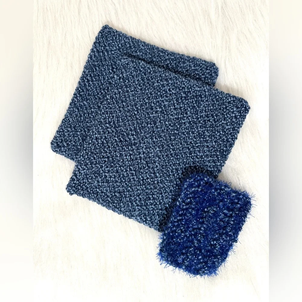 Two Crocheted Handmade Potholders Trivets and Dish Scrubbie Washable Blue NEW